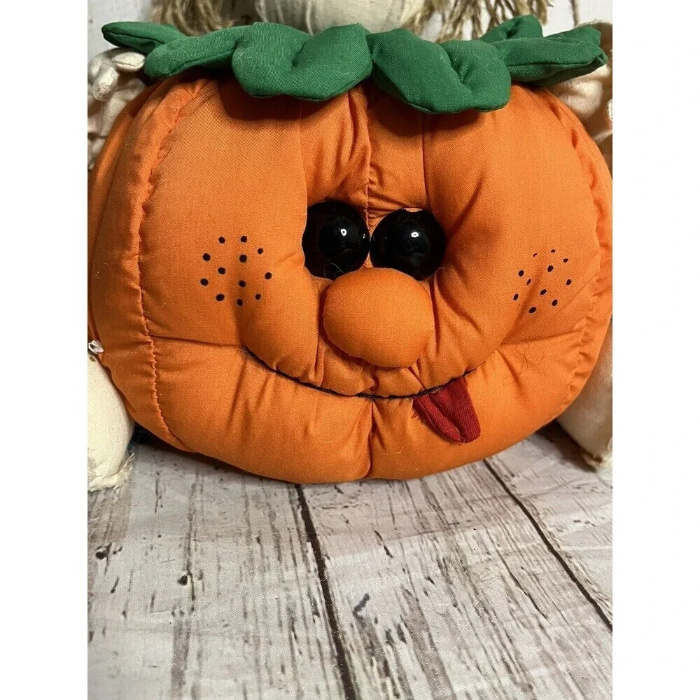 Vintage 90s Plush pumpkin Scarecrow halloween candy bowl - Picture 2 of 7